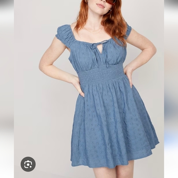 Old Navy Dresses & Skirts - Old Navy Blue Embroidered Eyelet Waist-Defined Smocked Mini Dress